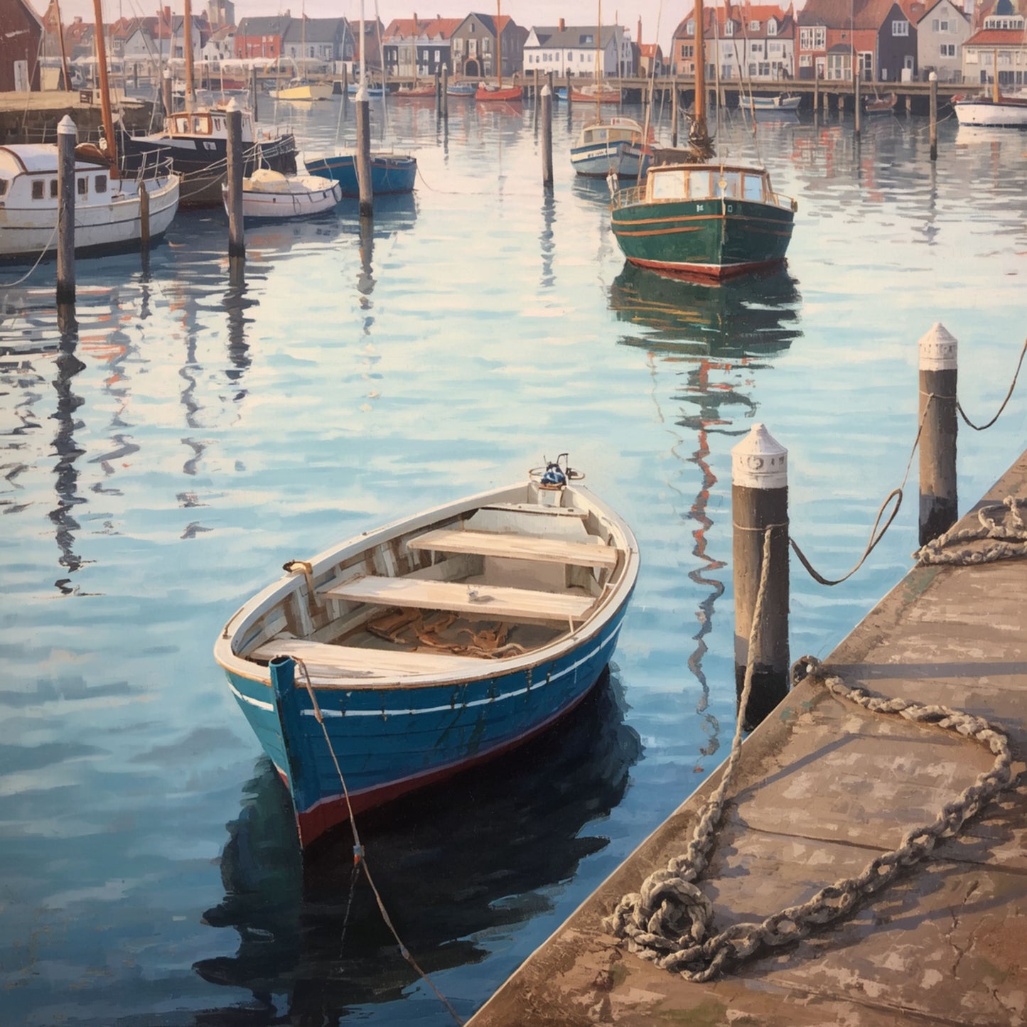 Boot canvas schilderij met blauw roeibootje aan houten steiger, kalm turquoise havenwater en schilderachtig dorpje op de achtergrond — premium wanddecoratie
