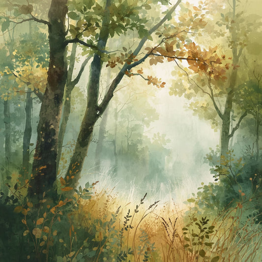 Bos canvas schilderij met mistig herfstbos, hoge bomen met gouden bladeren en zacht licht dat door het bladerdak filtert in aquarelstijl — premium wanddecoratie
