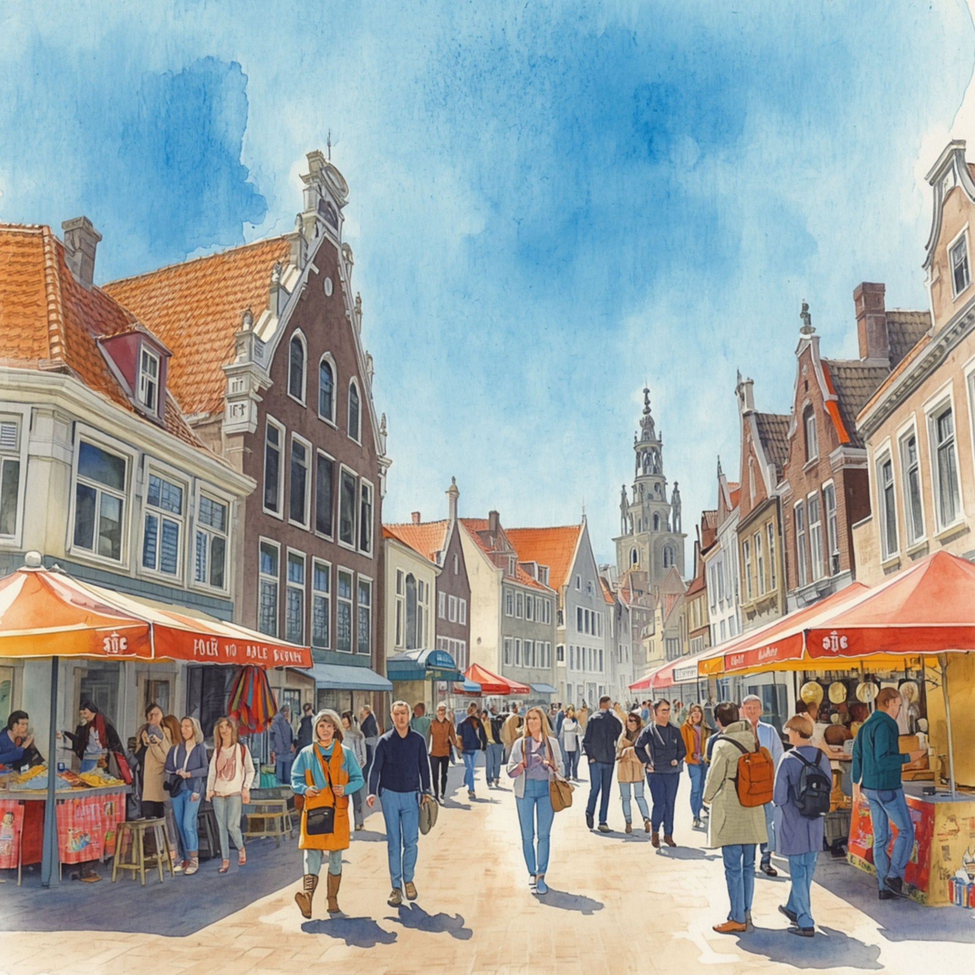 Groningen canvas schilderij met zonnige markt, oranje parasols, historische trapgevels, winkelende mensen en kerktoren — premium wanddecoratie
