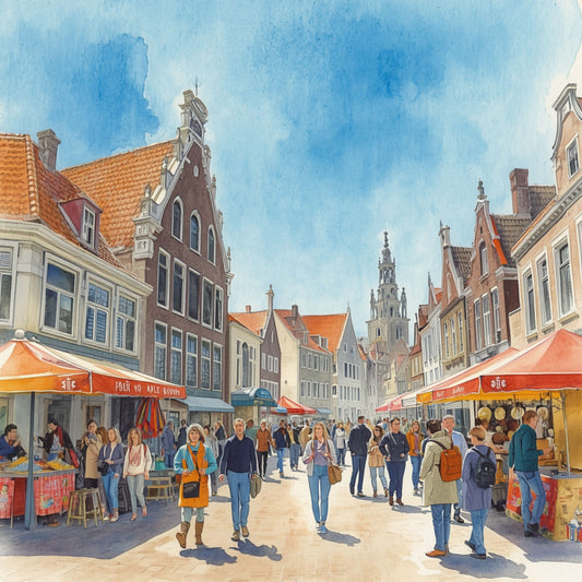 Groningen canvas schilderij met zonnige markt, oranje parasols, historische trapgevels, winkelende mensen en kerktoren — premium wanddecoratie
