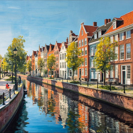 Canvas schilderij van kleurrijke Groningse grachtenpanden met herfstbomen en prachtige waterreflecties in het kalme grachtwater. Premium print, snel geleverd.

