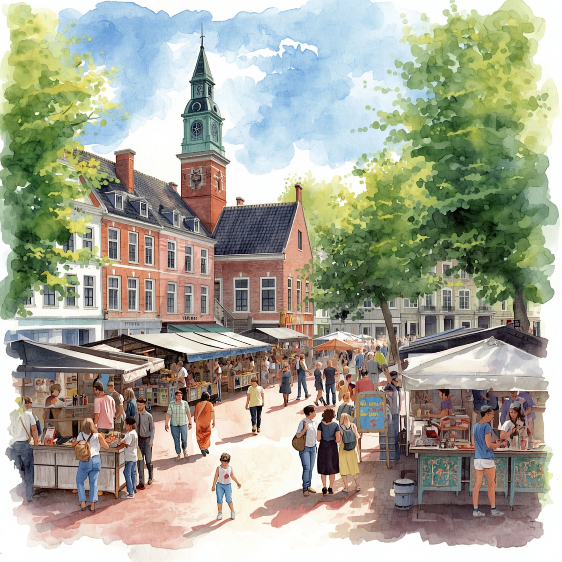 Groningen canvas schilderij met zomerse markt, witte marktkramen, rode bakstenen kerktoren, groene bomen en winkelende mensen — premium wanddecoratie
