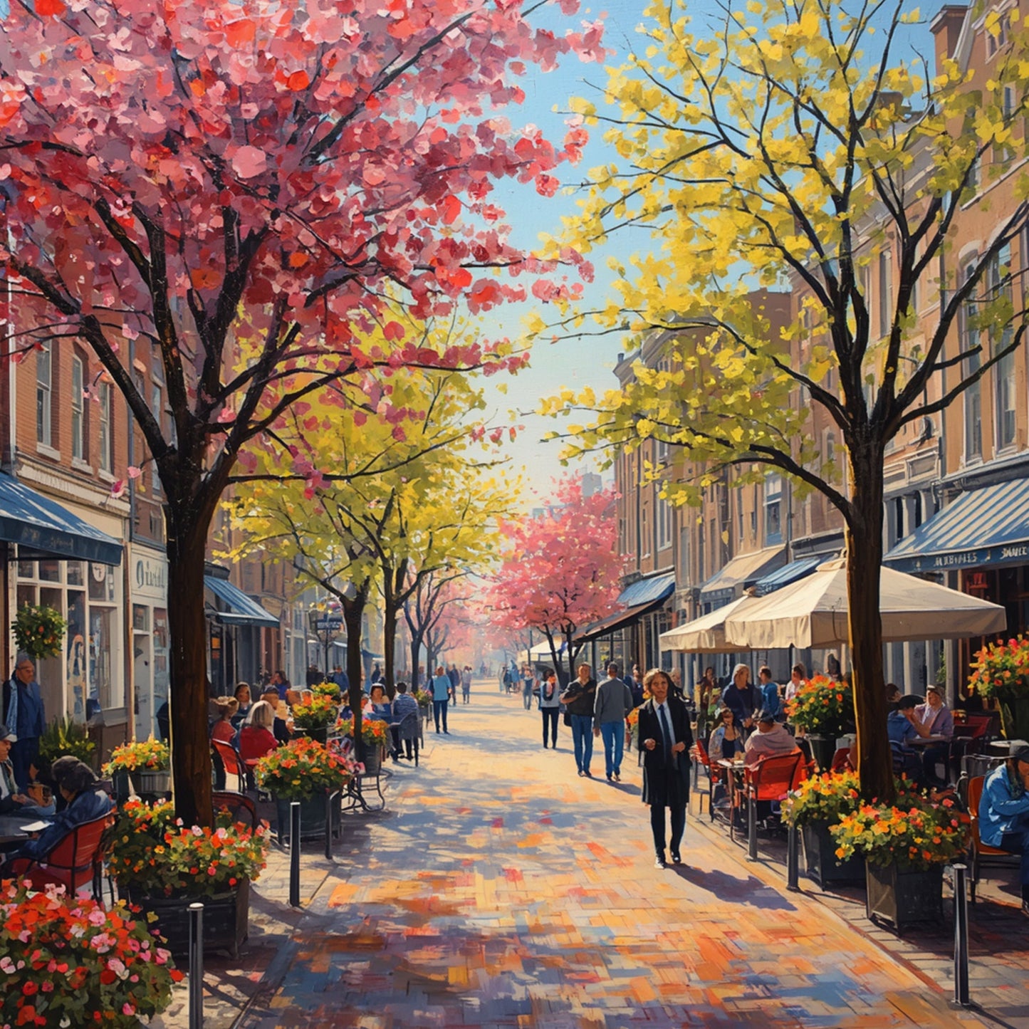 Groningen canvas schilderij met lenteboulevard, roze en gele bloesembomen, bloemenstalletjes en flanerende mensen — premium wanddecoratie
