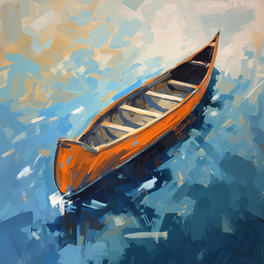 Boot canvas schilderij met levendige oranje kano op blauw-grijs water in expressieve impressionistische stijl — premium wanddecoratie
