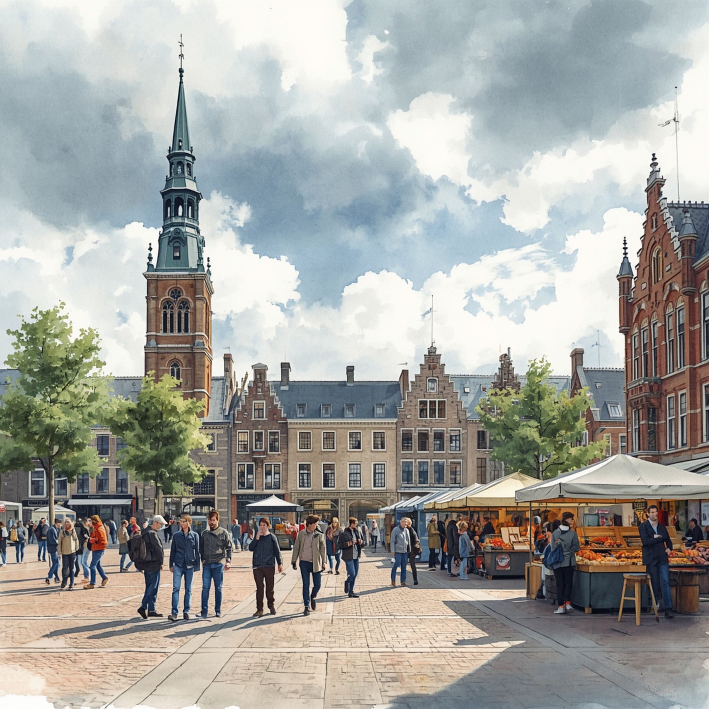 Groningen canvas schilderij met de Grote Markt, het historische Stadhuis, marktkramen en mensen onder een bewolkte lucht — premium wanddecoratie
