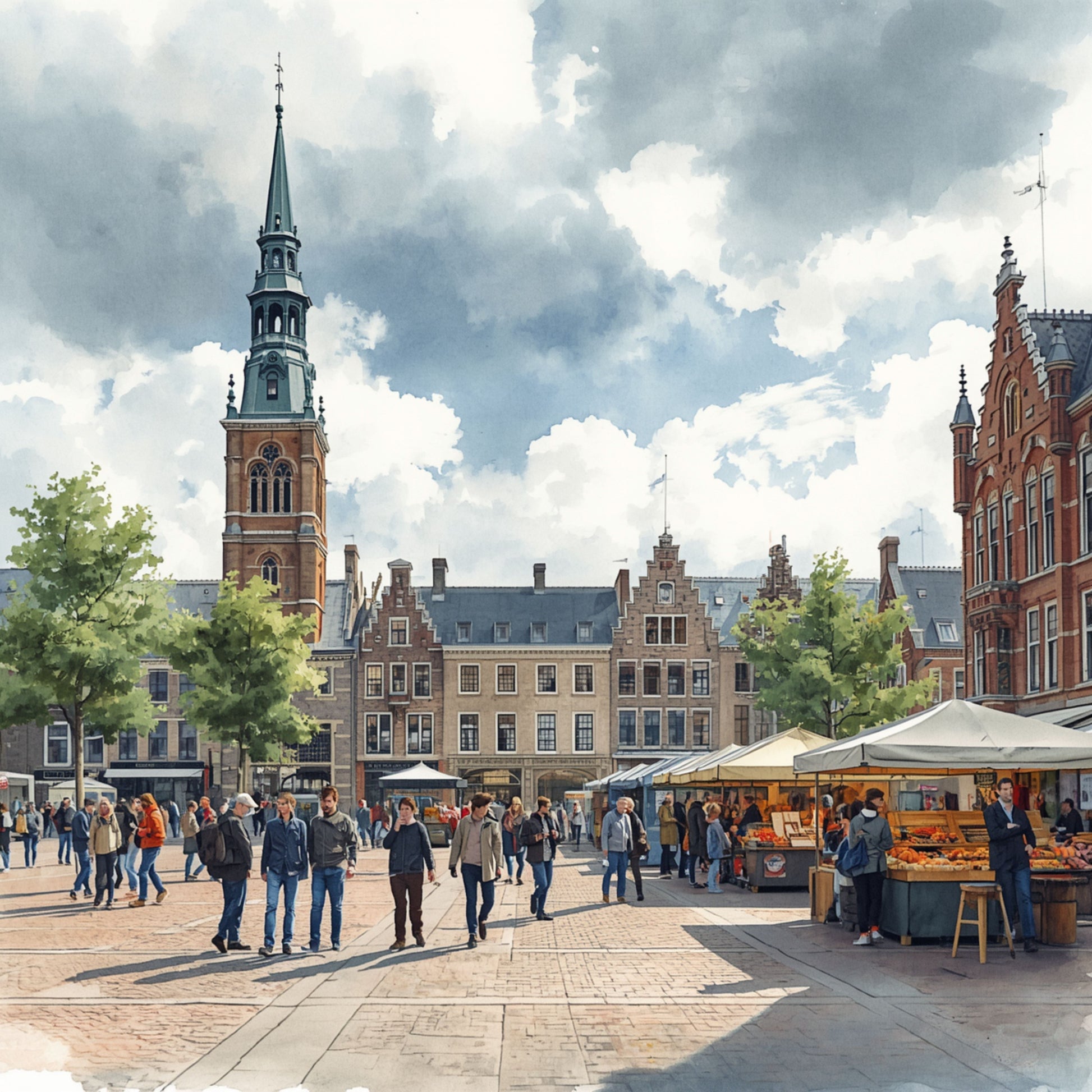Groningen canvas schilderij met de Grote Markt, het historische Stadhuis, marktkramen en mensen onder een bewolkte lucht — premium wanddecoratie
