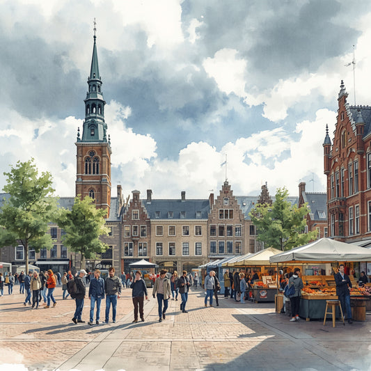 Groningen canvas schilderij met de Grote Markt, het historische Stadhuis, marktkramen en mensen onder een bewolkte lucht — premium wanddecoratie

