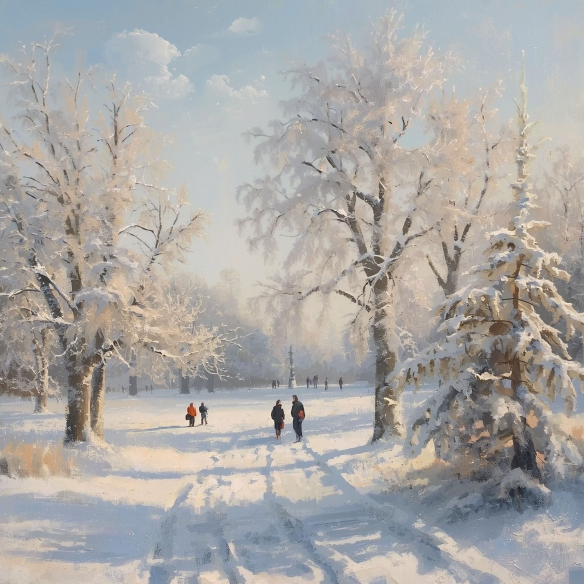 Groningen canvas schilderij met winters stadspark, besneeuwde bomen en wandelaars in de sneeuw onder een zachte winterlucht — premium wanddecoratie
