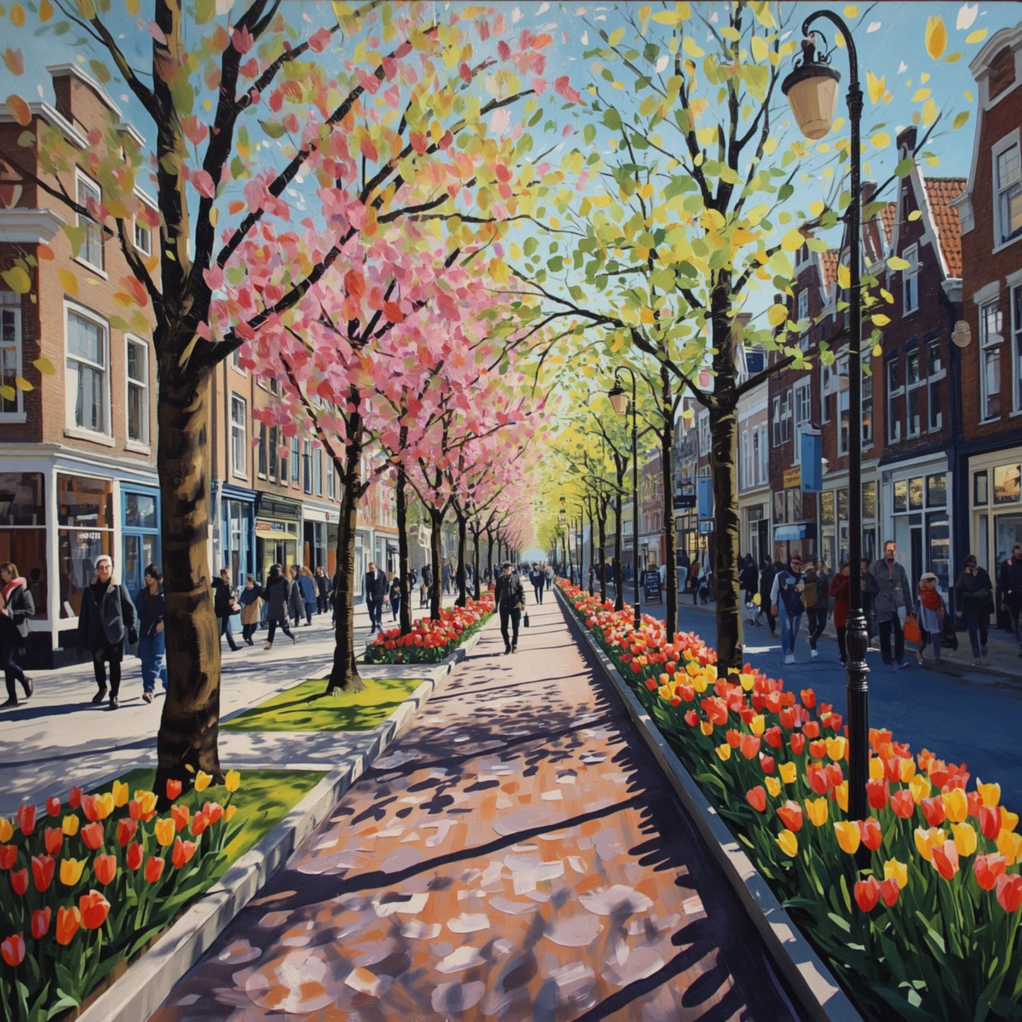 Groningen canvas schilderij met lenteboulevard, kleurrijke tulpen, roze bloesembomen, lantaarns en flanerende mensen — premium wanddecoratie
