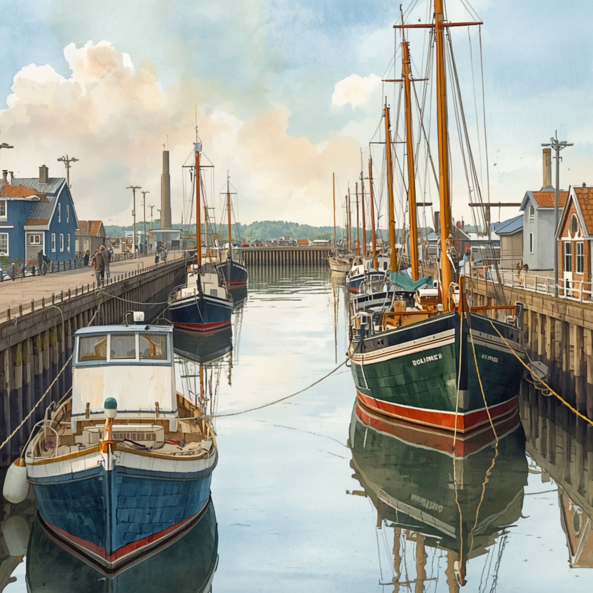 Boot canvas schilderij met klassieke Nederlandse vissersschepen, hoge masten en kleurrijke kadegebouwen in een sfeervolle haven — premium wanddecoratie

