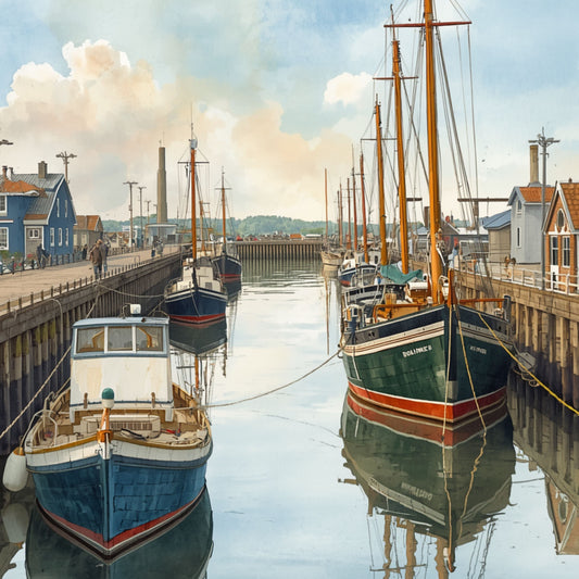 Boot canvas schilderij met klassieke Nederlandse vissersschepen, hoge masten en kleurrijke kadegebouwen in een sfeervolle haven — premium wanddecoratie

