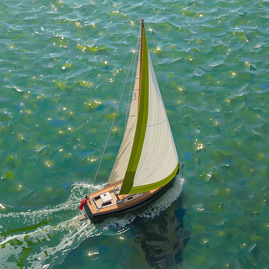 Zeilboot canvas schilderij met groene zeilboot op fonkelend turquoise water vanuit vogelperspectief — premium wanddecoratie
