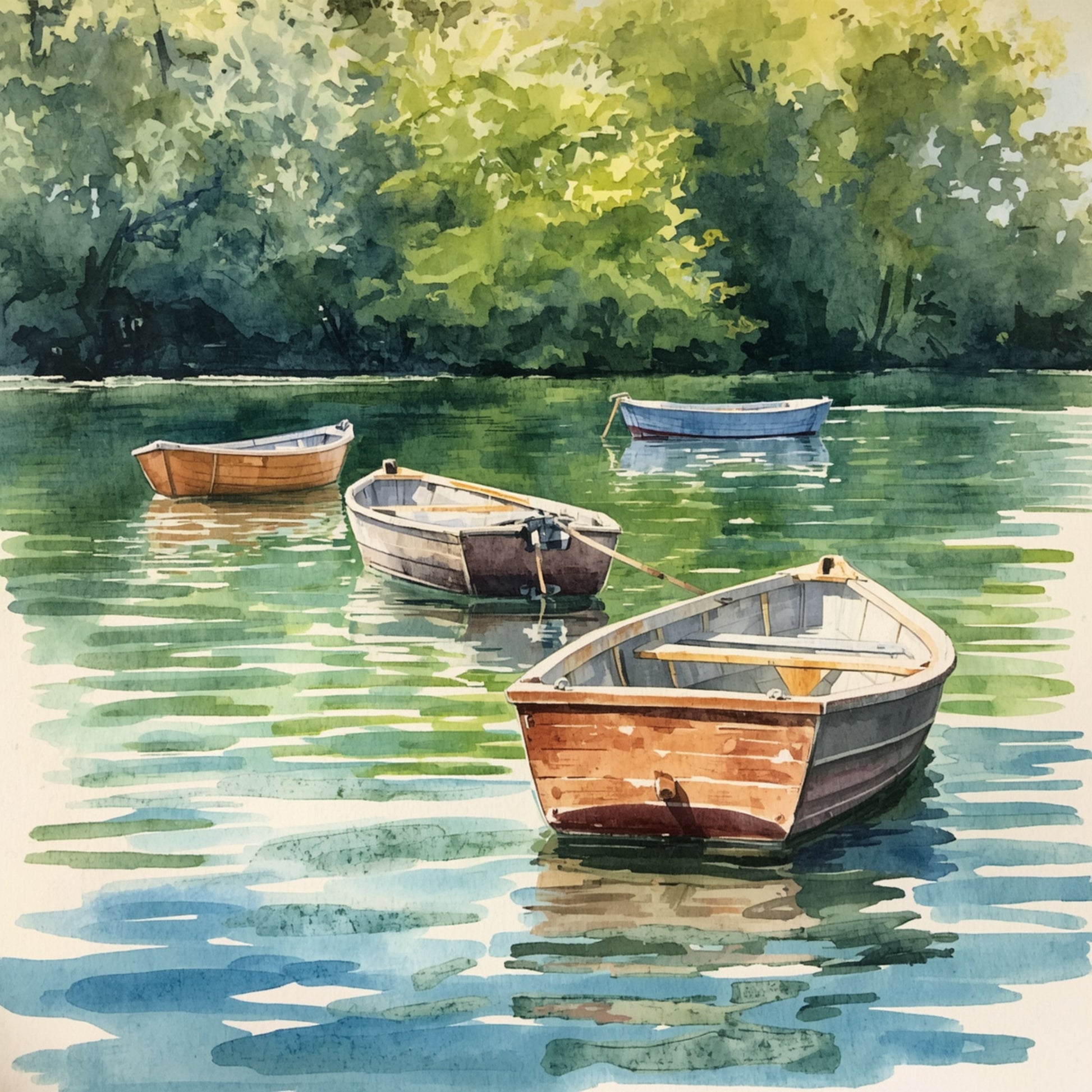 Roeiboot canvas schilderij met vier houten boten op rustig groen meer omringd door weelderige bomen — aquarel wanddecoratie
