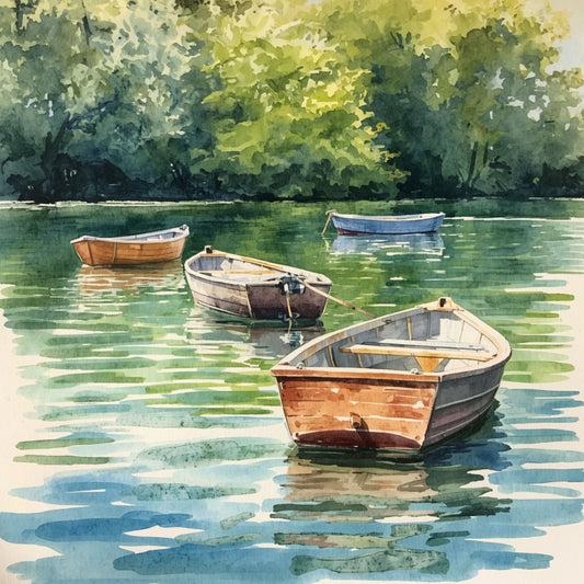 Roeiboot canvas schilderij met vier houten boten op rustig groen meer omringd door weelderige bomen — aquarel wanddecoratie
