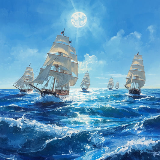 Zeilschip canvas schilderij met vloot klassieke driemaster schepen op woelige blauwe zee onder stralende zon — premium wanddecoratie
