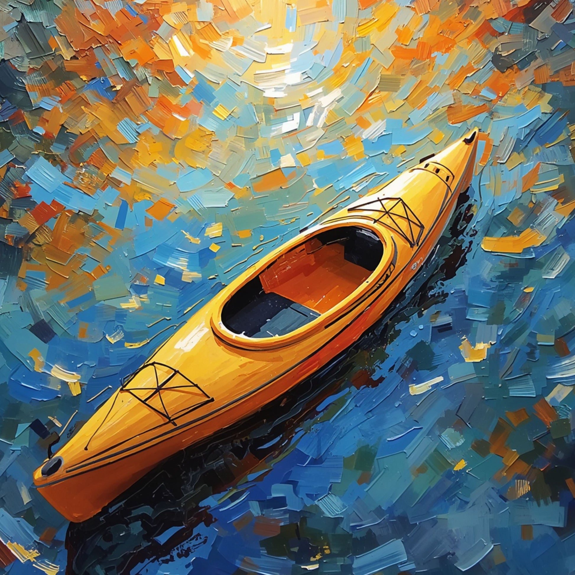 Gele kayak canvas schilderij met expressionistische blauwe waterreflecties en warme gouden lichtstralen — premium wanddecoratie
