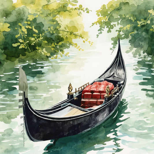 Gondel canvas schilderij met elegante zwarte Venetiaanse gondola met rode kussens op rustig groen kanaal omringd door weelderige bomen — aquarel wanddecoratie
