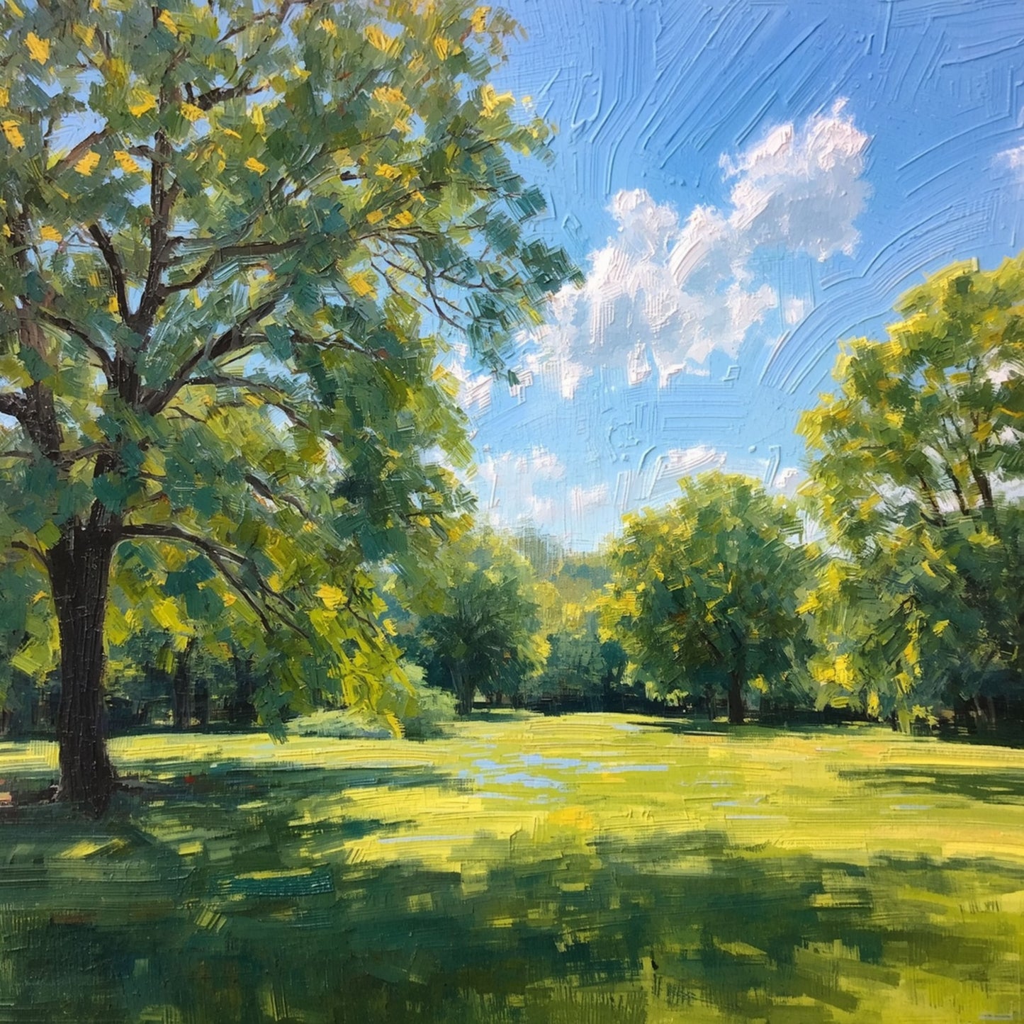 Zwolle stadspark canvas schilderij met weelderige groene bomen groot zonnig gazon en blauwe lucht met witte wolken in klassieke olieverf stijl — wanddecoratie

