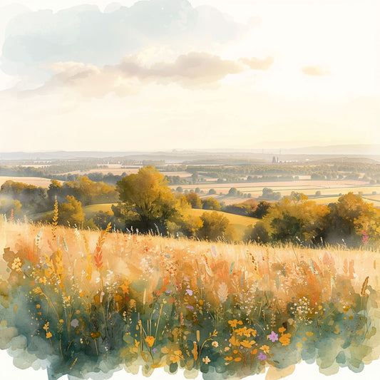 Zwolle canvas schilderij met herfstlandschap, gouden velden, wilde bloemen en mistige horizon in aquarelstijl — premium wanddecoratie
