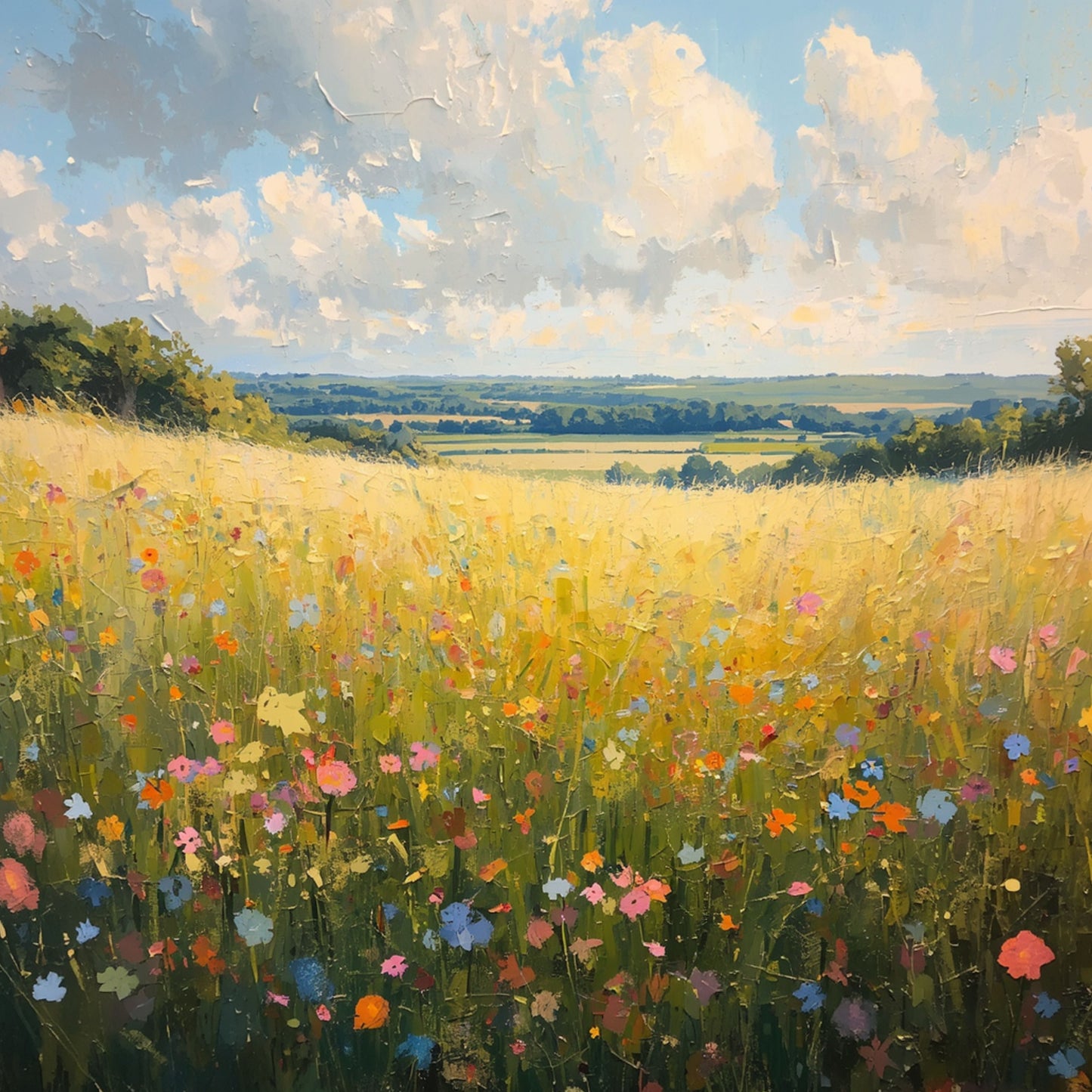 Zwolle canvas schilderij met kleurrijk bloemenveld vol wilde roze, rode en witte bloemen onder een zachte wolkenlucht — premium wanddecoratie
