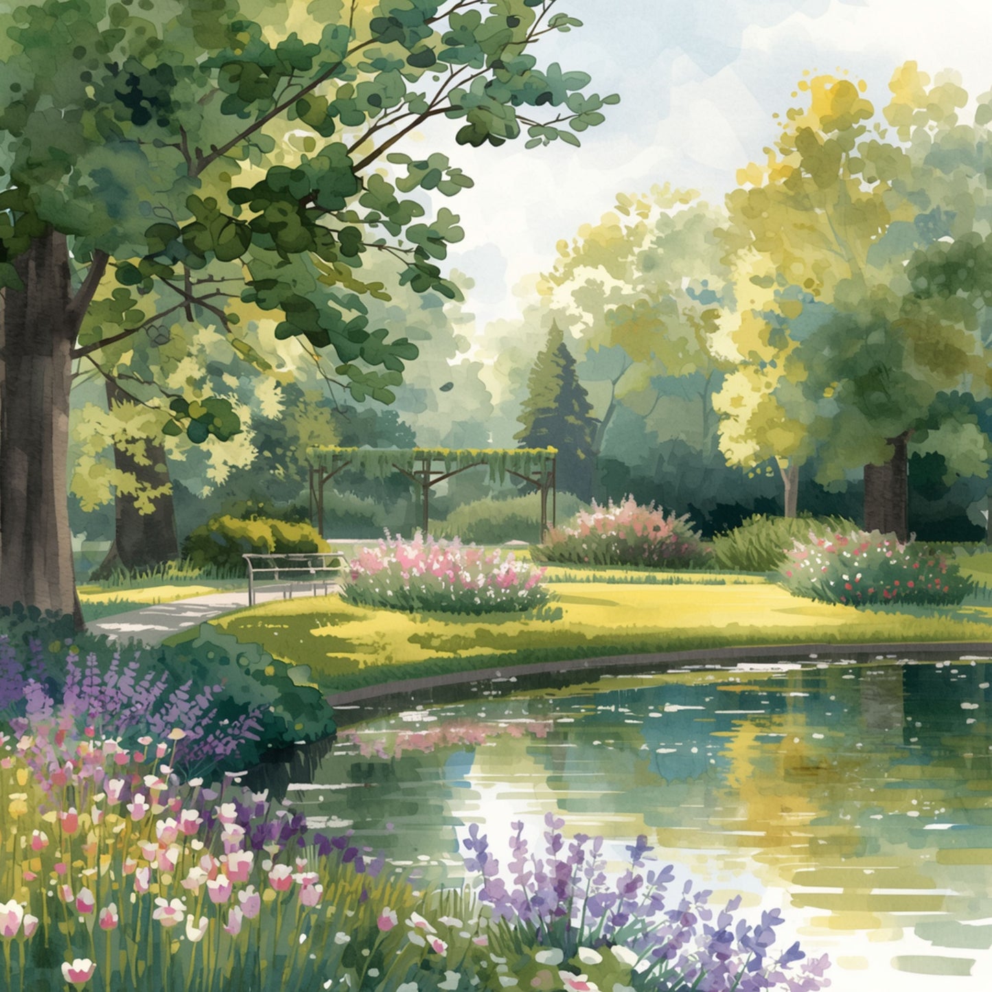 Zwolle canvas schilderij met schilderachtige vijvertuin, lavendel, treurwilgen en weelderig groen in zachte dromerige sfeer — premium wanddecoratie
