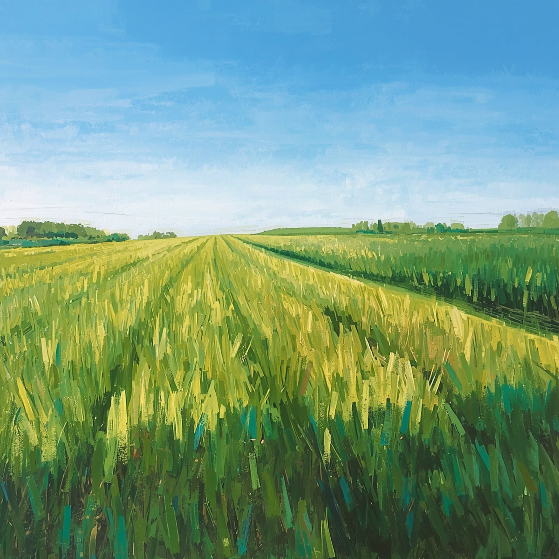 Zwolle canvas schilderij met weids grasveld, hoog groen gras vanuit laag perspectief en stralend blauwe lucht aan de horizon — premium wanddecoratie
