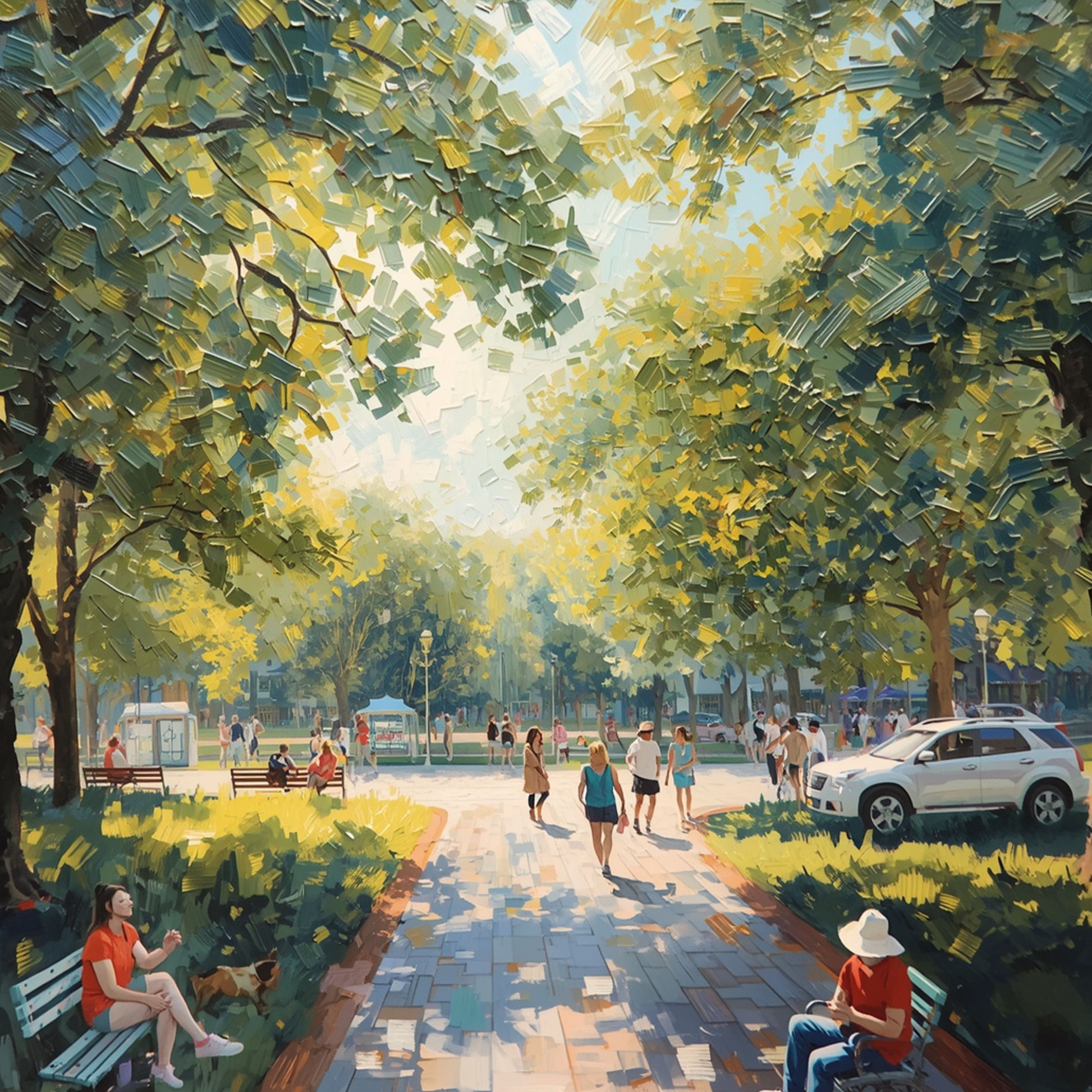 Zwolle canvas schilderij met fietsers, weelderige bomen en zonnig stadsleven in een stadspark — premium wanddecoratie
