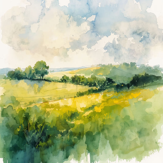 Zwolle canvas schilderij met weids groen landschap, weilanden en bewolkte lucht in aquarelstijl — premium wanddecoratie
