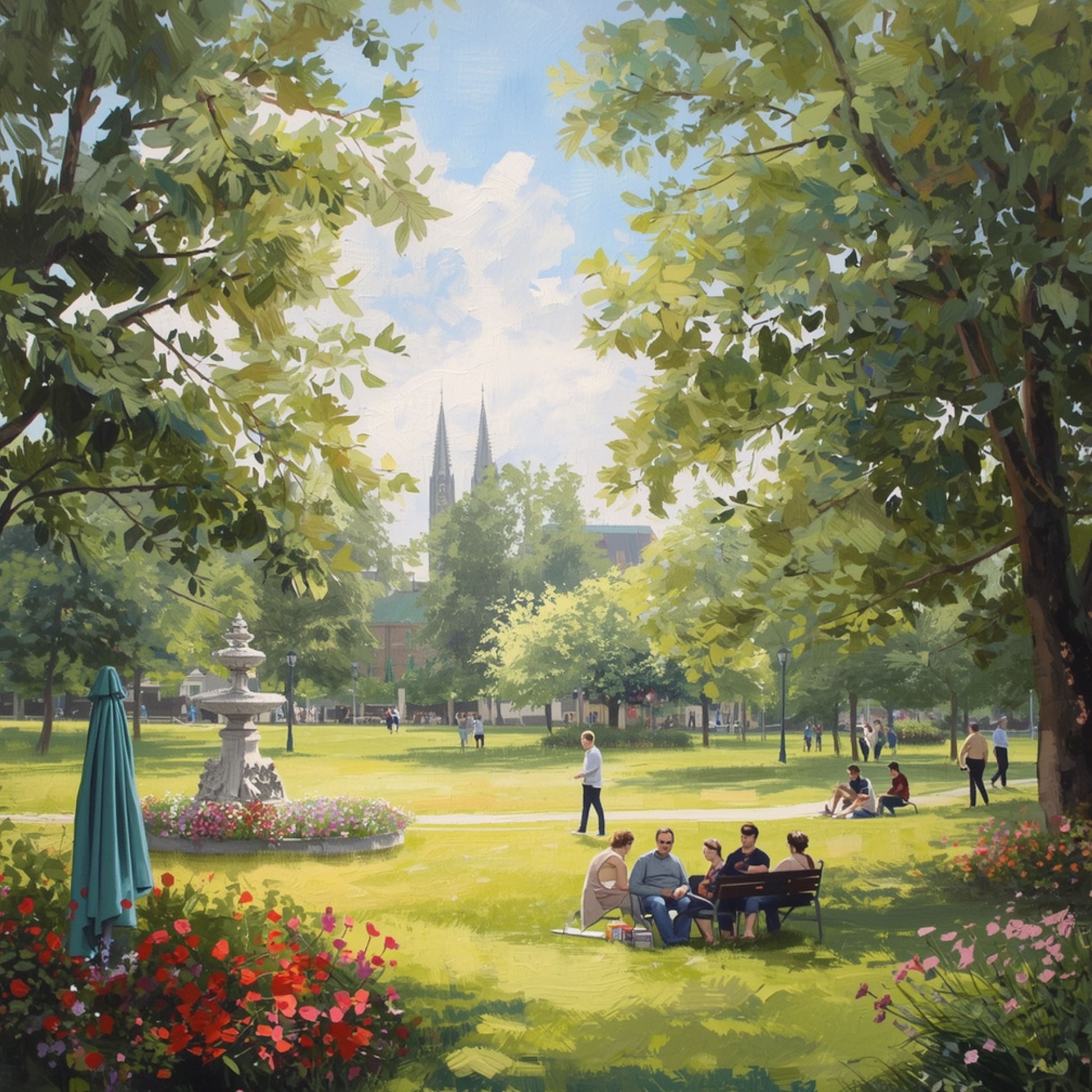 Zwolle canvas schilderij met zomers stadspark, mensen op het gras, kleurrijke bloemen en kerktoren op de achtergrond — premium wanddecoratie
