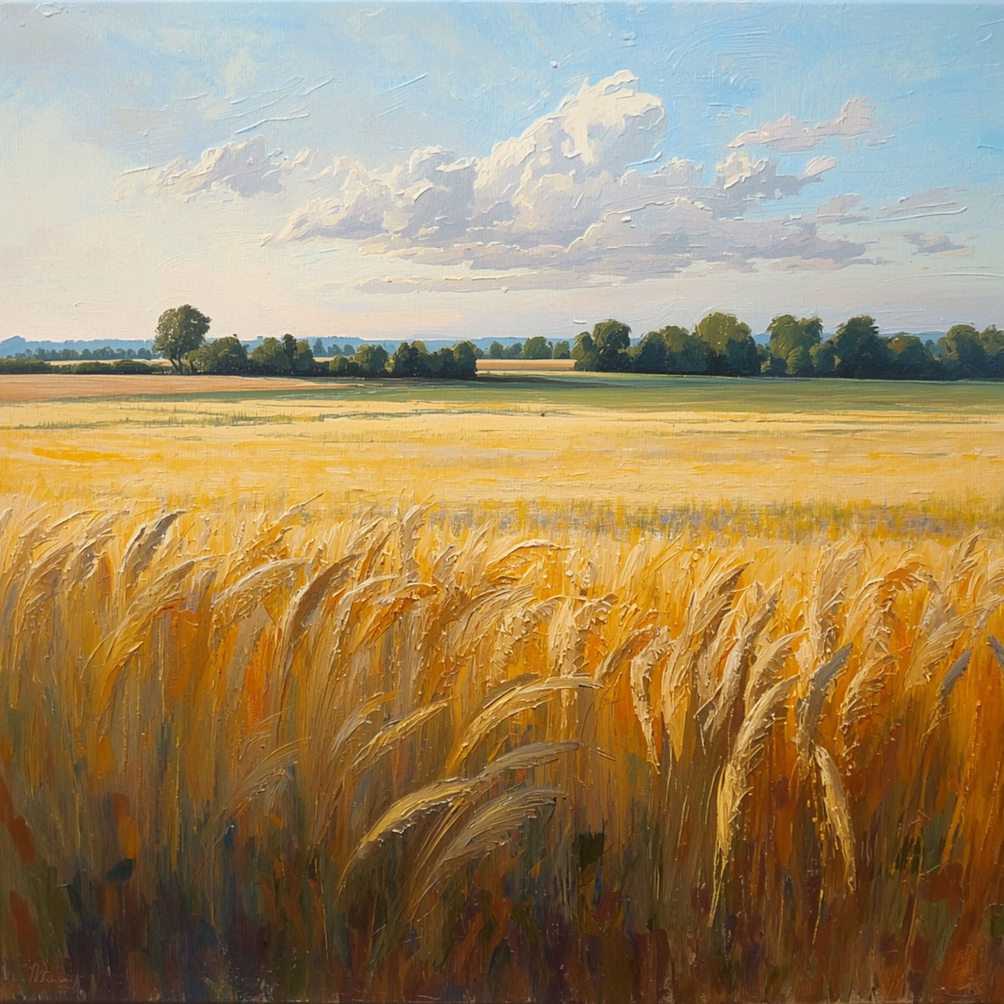 Zwolle canvas schilderij met gouden graanveld, weelderige aren en bomen aan de horizon onder een bewolkte lucht — premium wanddecoratie
