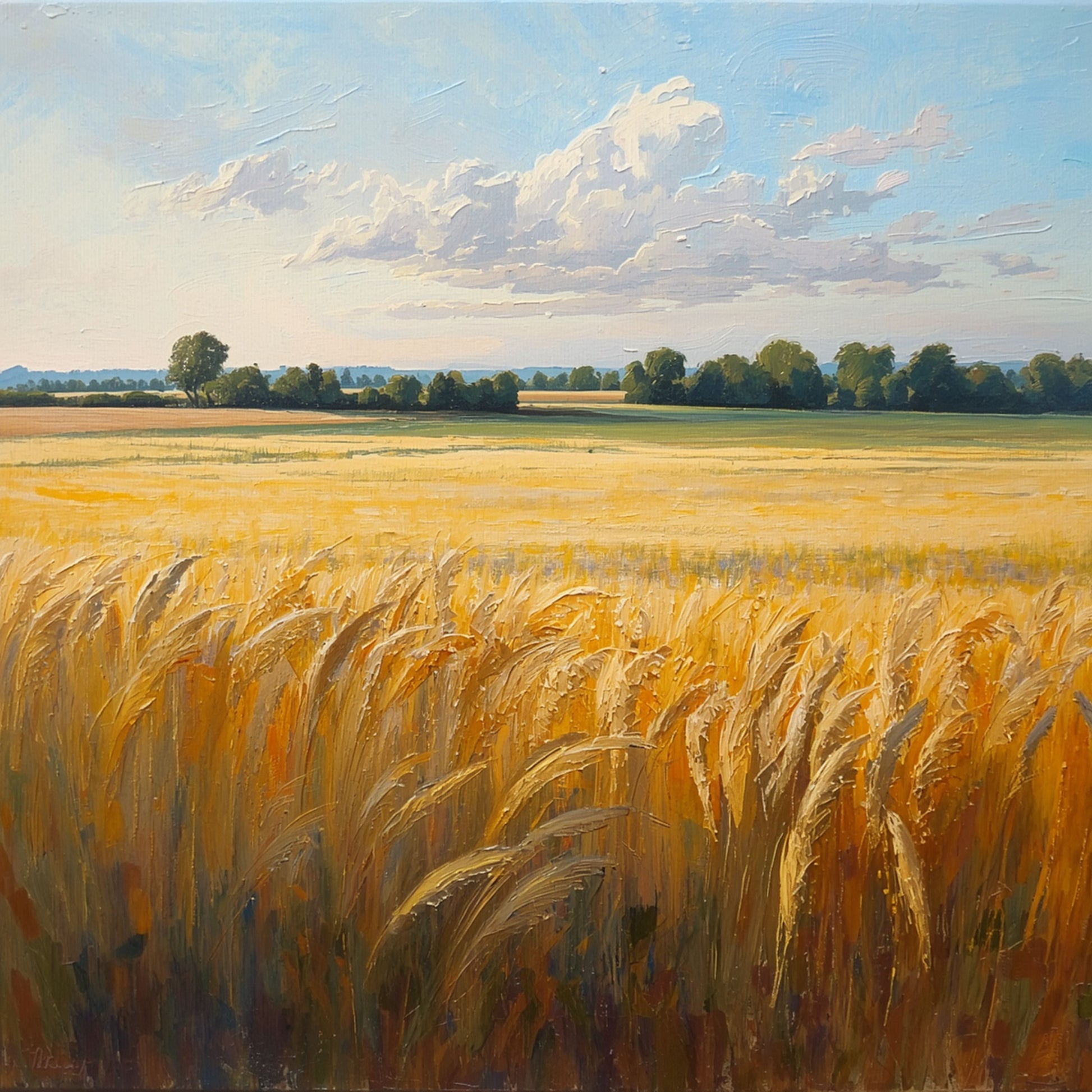 Zwolle canvas schilderij met gouden graanveld, weelderige aren en bomen aan de horizon onder een bewolkte lucht — premium wanddecoratie
