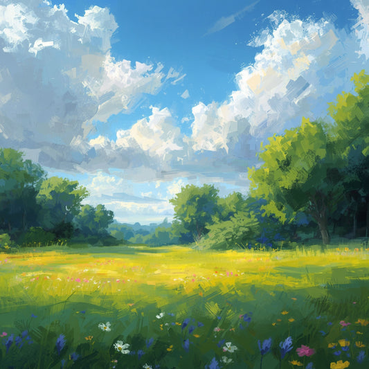 Zwolle canvas schilderij met zomers weiland, wilde bloemen, weelderig groen en dramatische blauwe lucht met wolken — premium wanddecoratie
