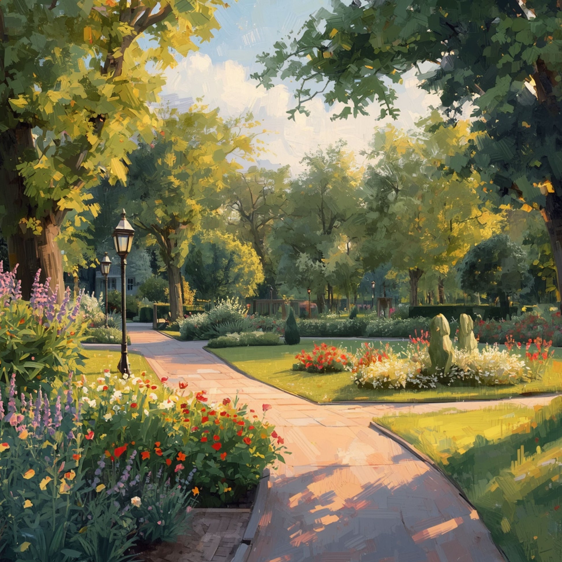 Zwolle canvas schilderij met schilderachtig parkpad, kleurrijke bloemen, lantaarns en weelderige bomen — premium wanddecoratie
