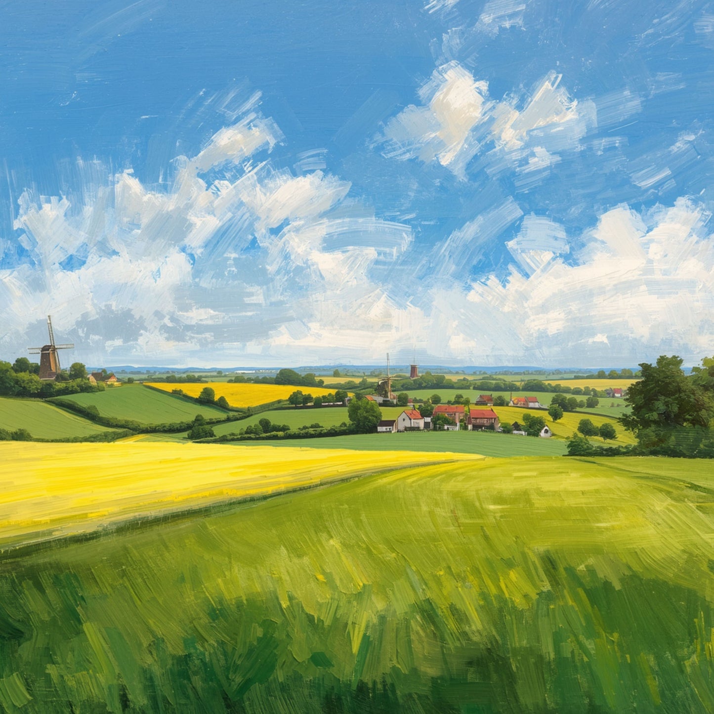 Zwolle canvas schilderij met polderlandschap, gele en groene velden, dorp aan de horizon en dramatische blauwe wolkenlucht — premium wanddecoratie
