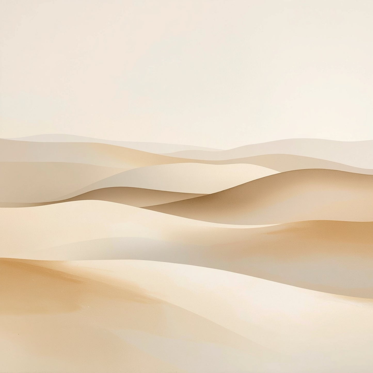 Abstract schilderij met zachte vloeiende crème en beige duinlagen die als een sereen en minimalistisch woestijnlandschap in horizontale golven over het warme fond bewegen – sereen minimalistisch wall art print voor de logeerkamer
