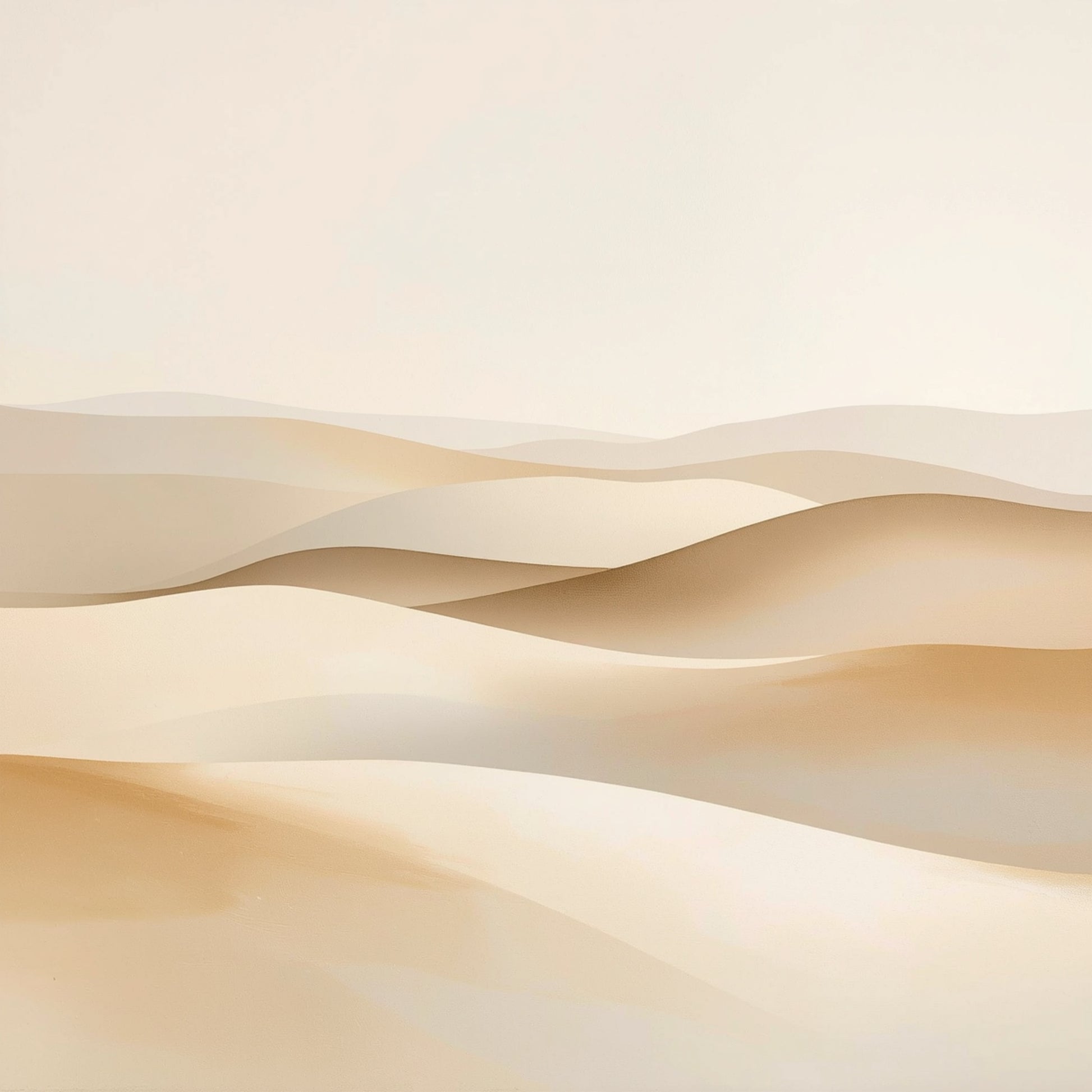 Abstract schilderij met zachte vloeiende crème en beige duinlagen die als een sereen en minimalistisch woestijnlandschap in horizontale golven over het warme fond bewegen – sereen minimalistisch wall art print voor de logeerkamer
