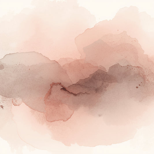 Abstract schilderij met vloeiende zachte roze en mauve aquarelvlekken die als een organische en dromerige compositie over het crème fond bewegen met subtiele donkere accenten in het midden – sereen romantisch wall art print voor de logeerkamer
