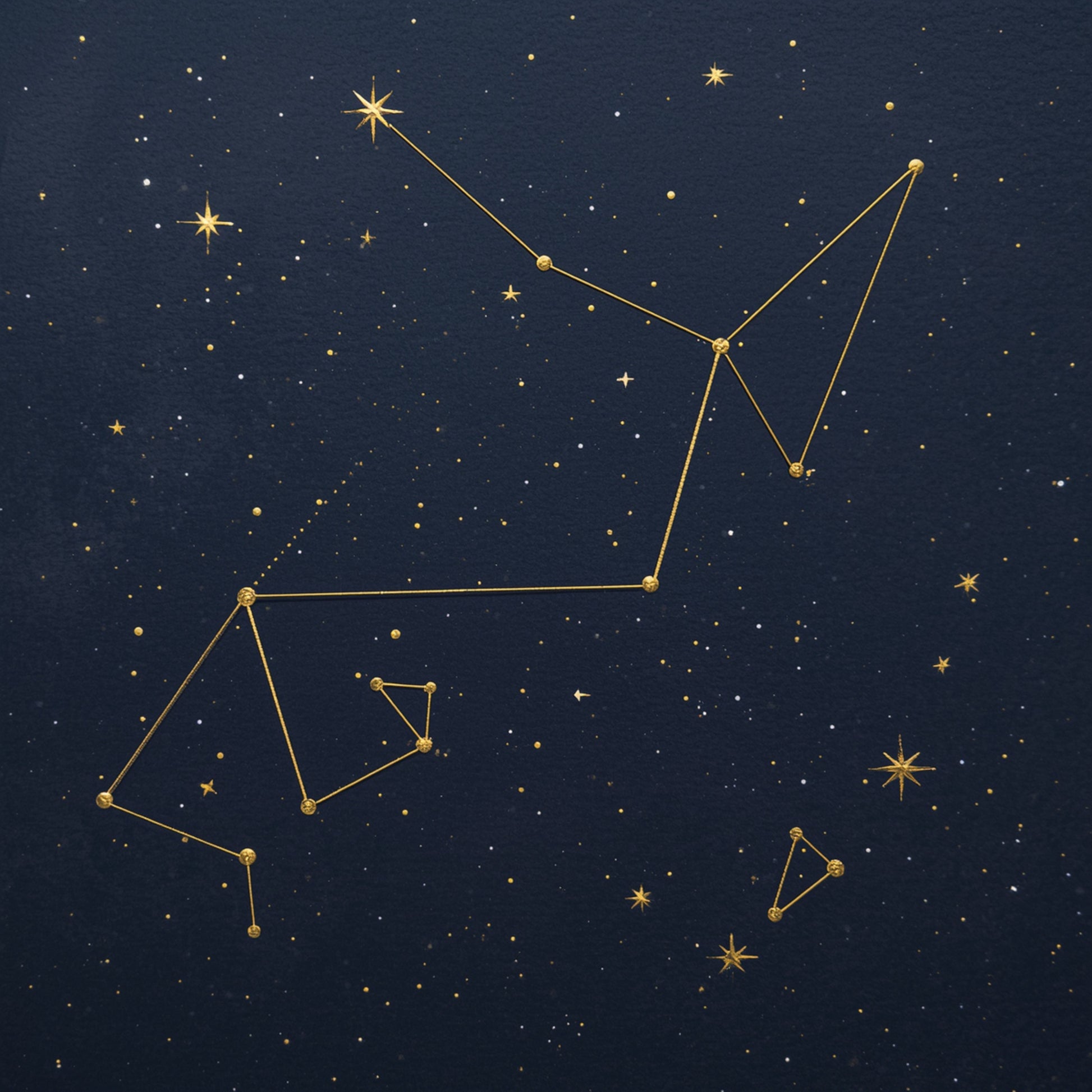 sterrenbeeld canvas schilderij met gouden sterren en constellatielijnen op donkerblauwe nachtelijke hemel — kinderkamer wanddecoratie
