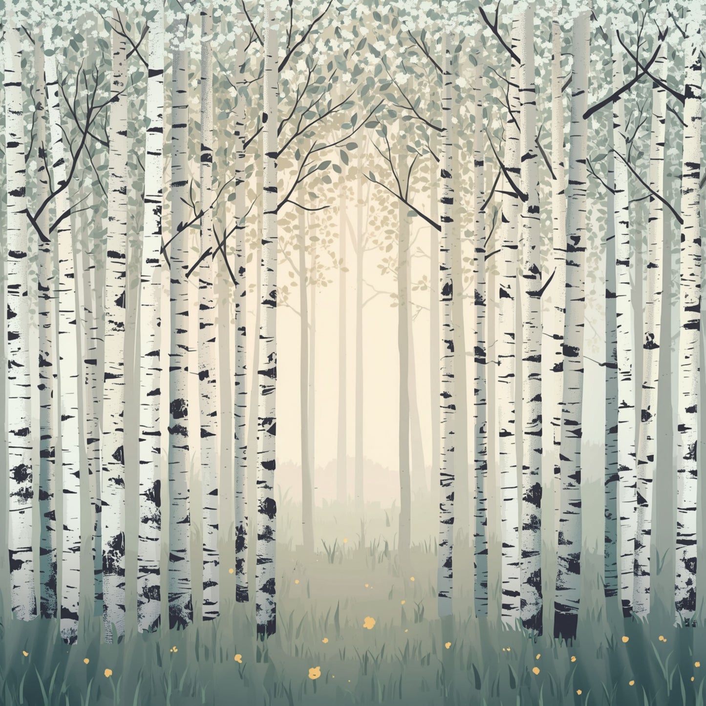 Sfeervol berkenbos canvas schilderij met slanke witte berken en kale takken in grijze mistige wintersfeer — kinderkamer wanddecoratie
