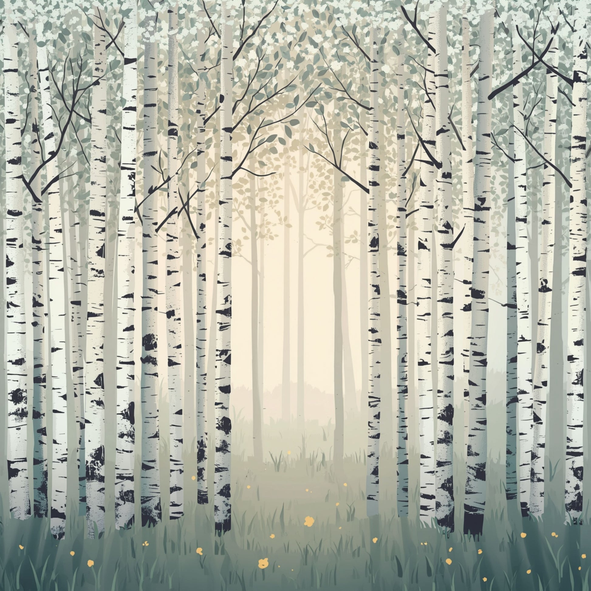 Sfeervol berkenbos canvas schilderij met slanke witte berken en kale takken in grijze mistige wintersfeer — kinderkamer wanddecoratie
