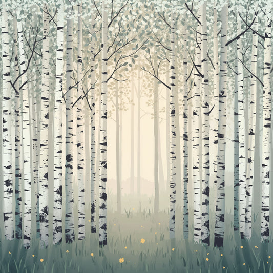 Sfeervol berkenbos canvas schilderij met slanke witte berken en kale takken in grijze mistige wintersfeer — kinderkamer wanddecoratie
