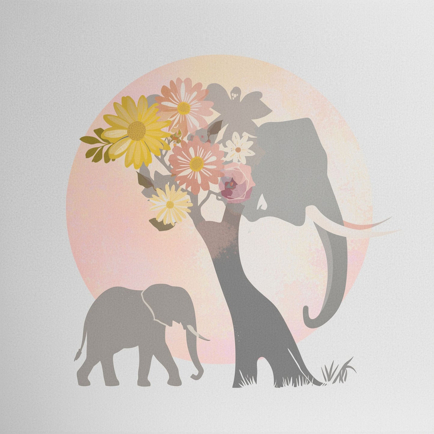 Olifanten familie canvas schilderij met grote grijze olifant en klein olifantje onder kleurrijke boom op roze zonsondergang achtergrond — kinderkamer wanddecoratie
