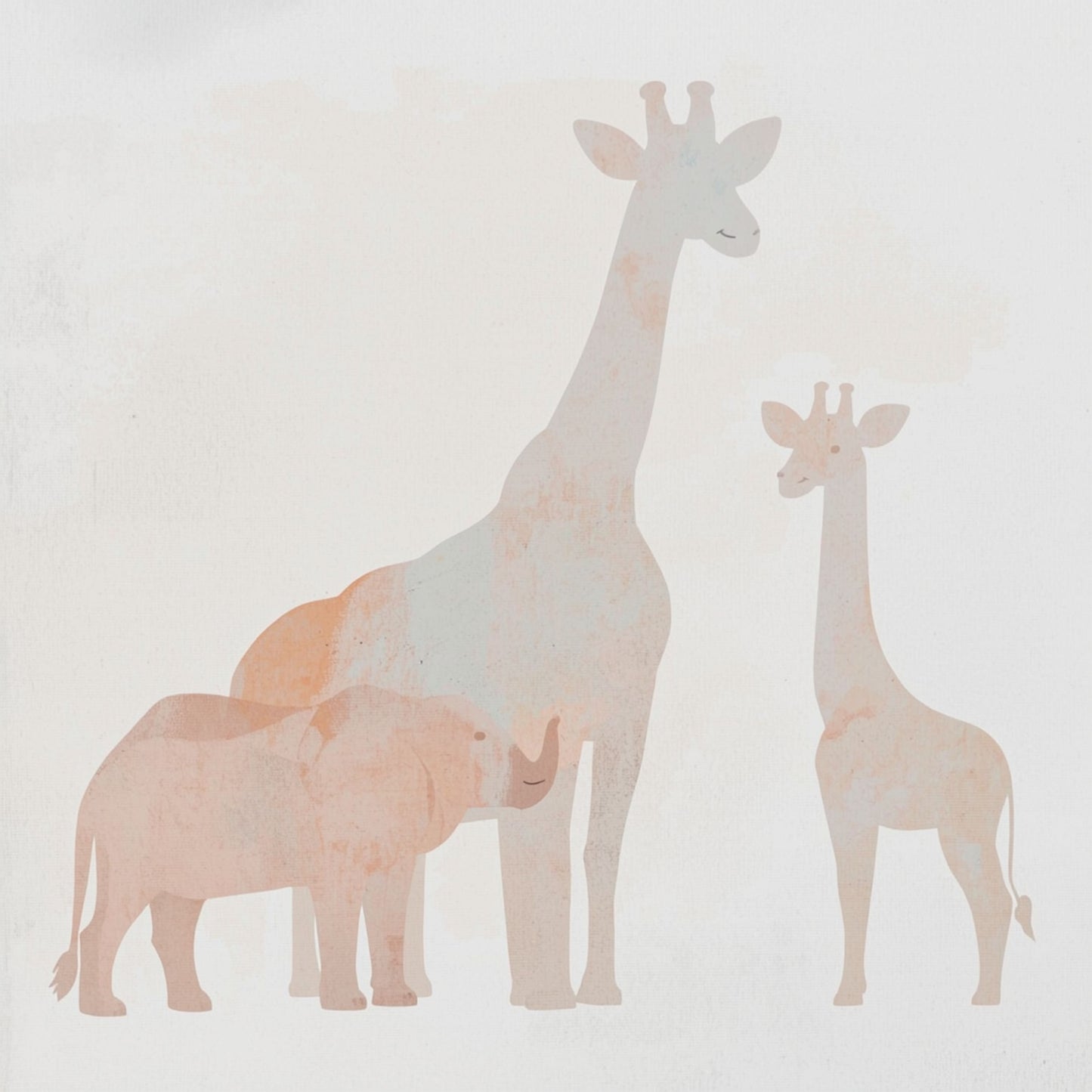 Safari silhouet canvas schilderij met roze en beige giraf en olifant silhouetten op witte achtergrond — kinderkamer wanddecoratie
