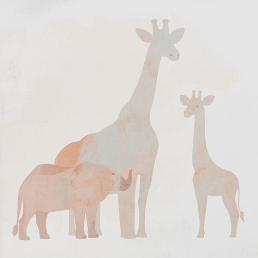 Safari silhouet canvas schilderij met roze en beige giraf en olifant silhouetten op witte achtergrond — kinderkamer wanddecoratie
