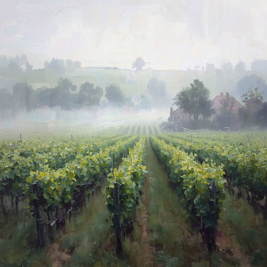 Wijngaard Schilderij – Mistige Ochtend boven Groene Wijnranken met Boerderij