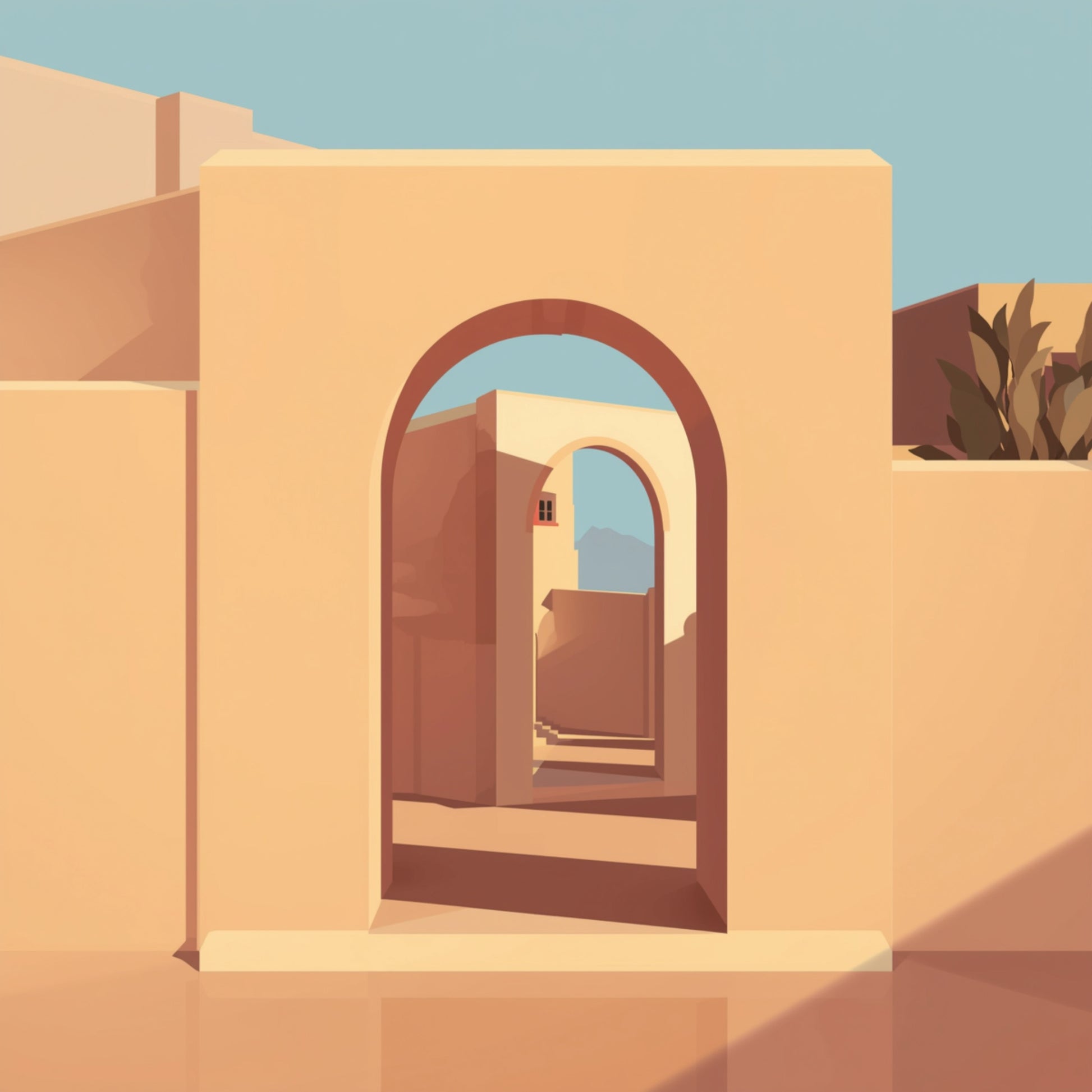 Grafisch schilderij met terracotta en zandkleurige booggang in diep vluchtpuntperspectief met donkere boogopeningen en turquoise blauwe lucht boven de muren – mediterraan avontuurlijk wall art print voor de logeerkamer
