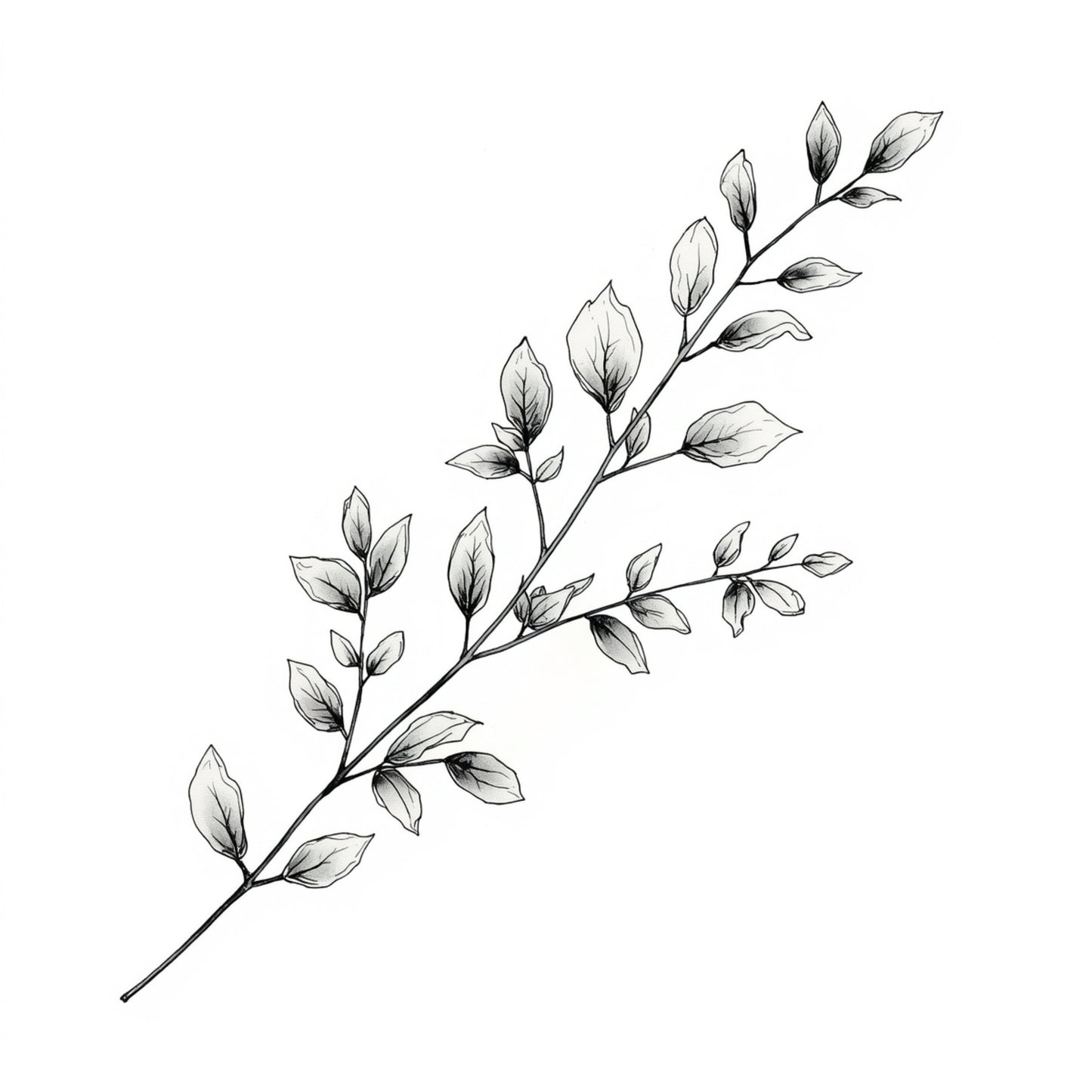 Minimalistisch schilderij met fijne grijze bladtak met ovale blaadjes in lichte diagonale compositie op helder wit fond – luchtig tijdloos wall art print voor de logeerkamer
