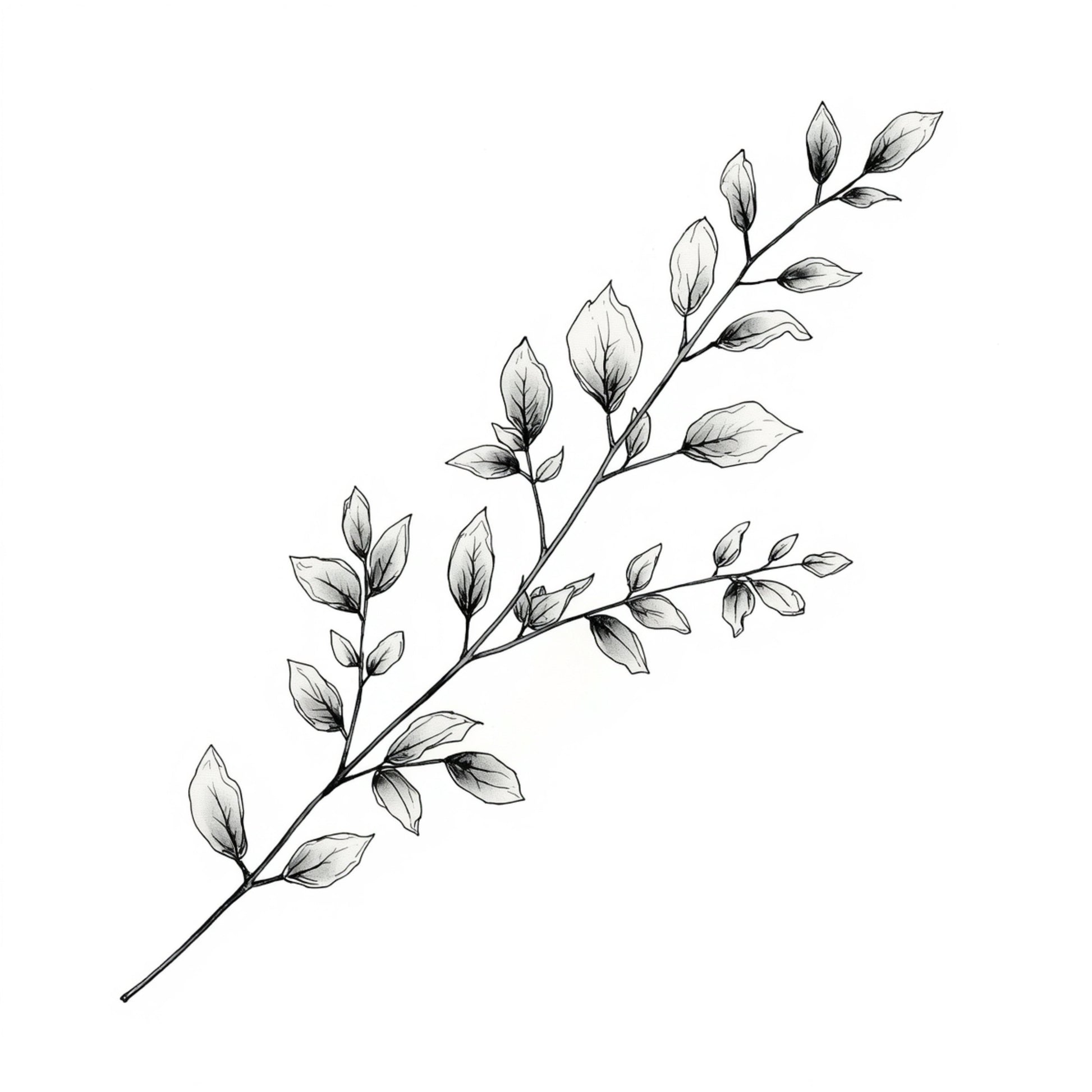 Minimalistisch schilderij met fijne grijze bladtak met ovale blaadjes in lichte diagonale compositie op helder wit fond – luchtig tijdloos wall art print voor de logeerkamer
