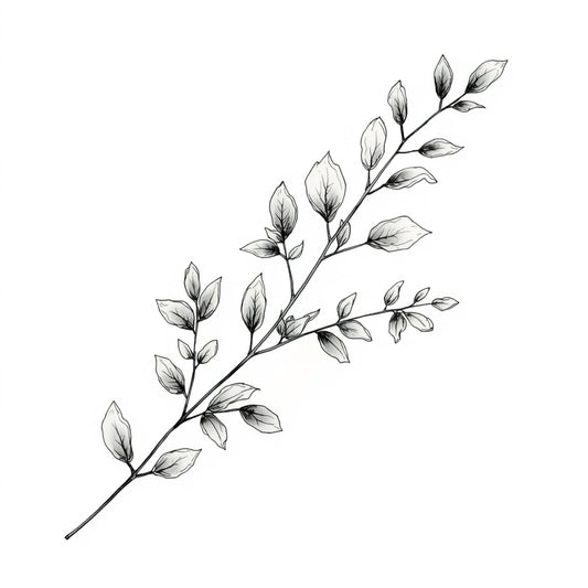 Minimalistisch schilderij met fijne grijze bladtak met ovale blaadjes in lichte diagonale compositie op helder wit fond – luchtig tijdloos wall art print voor de logeerkamer
