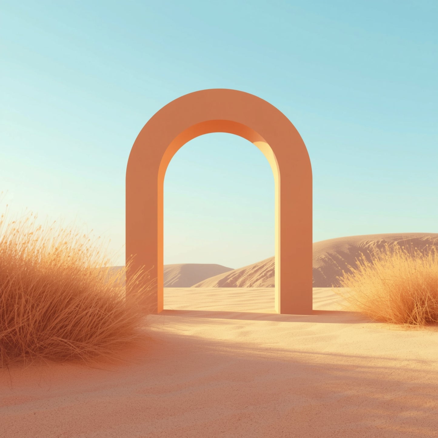 Woestijn boog canvas schilderij met terracotta boog, gouden zandduinen en blauwe lucht — logeerkamer wanddecoratie
